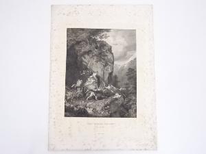 絵画　フリードリヒ・ガウアーマン　「狼に襲われた鹿」　銅版画